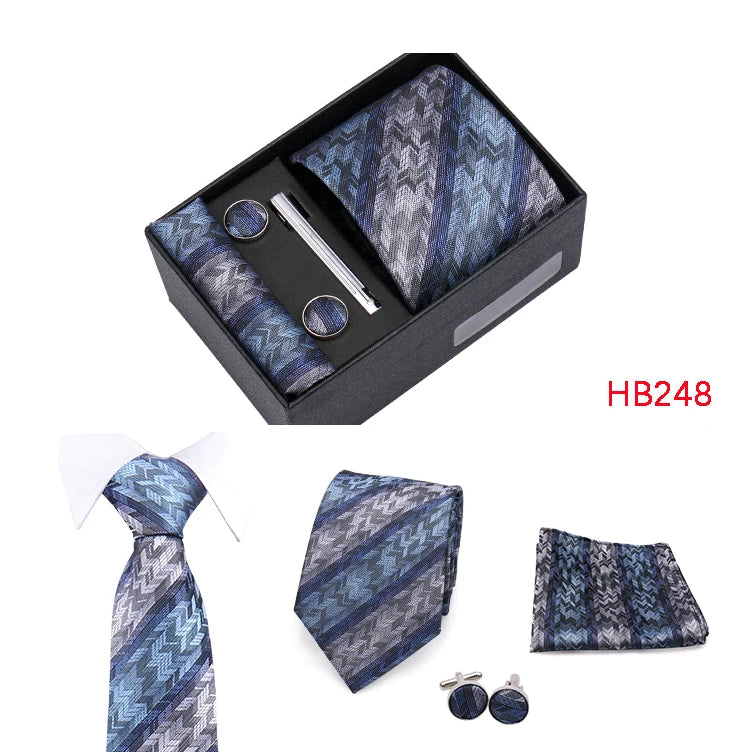 Herren Jacquard-Krawatten-Set 8 cm – Elegante Krawatte mit Einstecktuch, Manschettenknöpfen & Krawattenklammer | Luxus-Geschenkbox für Hochzeit & Business