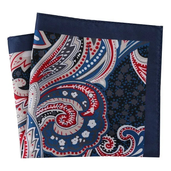 Großes 30×30CM Herren Einstecktuch – Mehrfarbig Bedruckt mit Blumen-, Paisley-, Hahnentritt- & Geometrischem Muster Kaufschwan® Dunkelblau-Rot mit floralen Details
