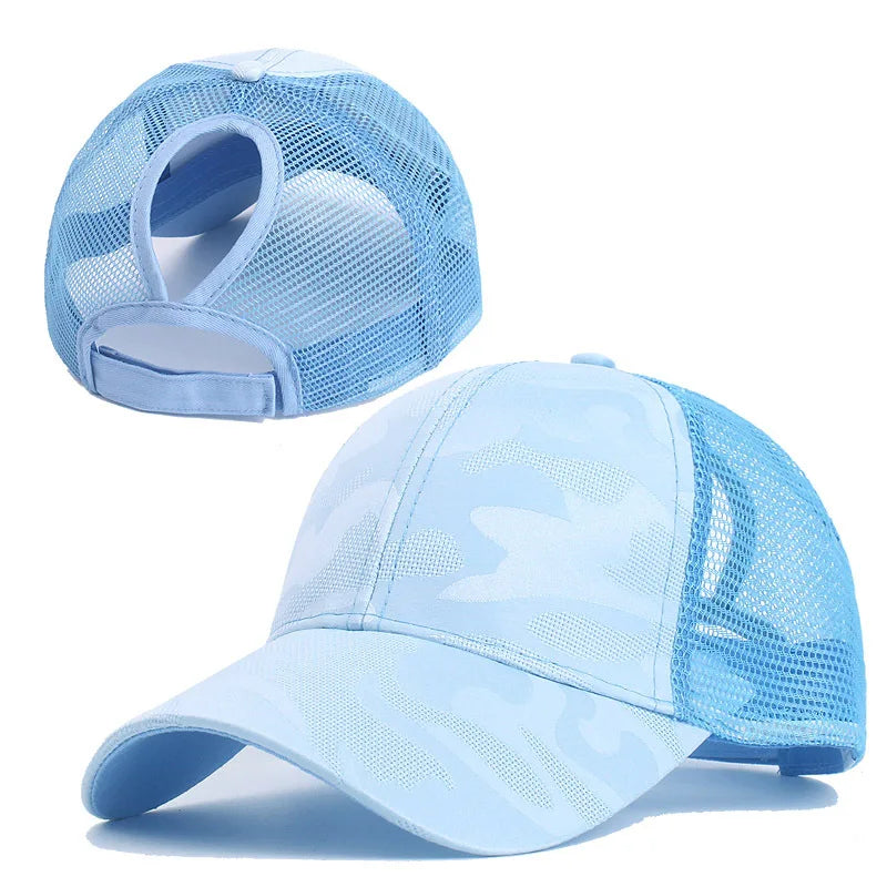 2024 Neue Sommer Camouflage Mesh Trucker Hut | Damen Snapback Baseballkappe | Messy Hair Bun & Ponytail Freundlich Kaufschwan® Blau