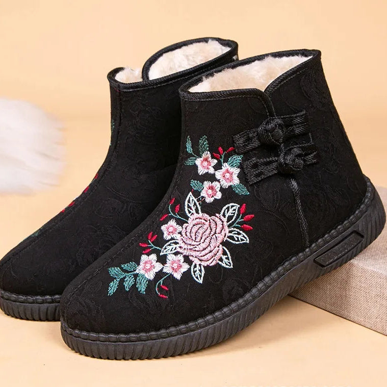 Damen Bestickte Schneestiefel – Mittelhohe Baumwollstiefel mit Kunstfell Fleece Futter | Warme Winter Schuhe für Mütter
