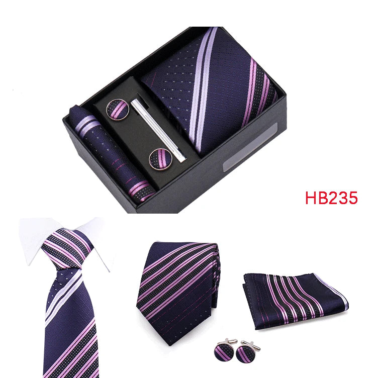Herren Jacquard-Krawatten-Set 8 cm – Elegante Krawatte mit Einstecktuch, Manschettenknöpfen & Krawattenklammer | Luxus-Geschenkbox für Hochzeit & Business