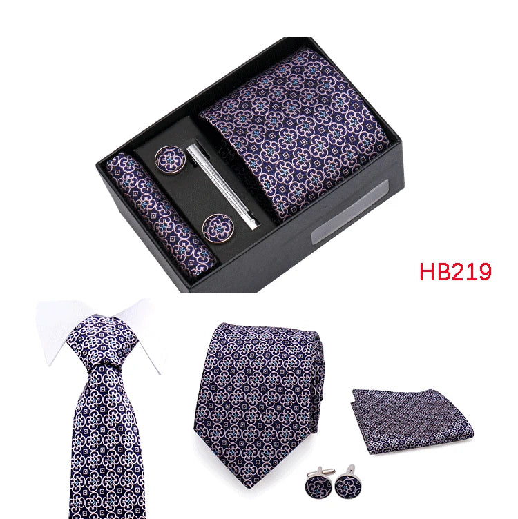 Herren Jacquard-Krawatten-Set 8 cm – Elegante Krawatte mit Einstecktuch, Manschettenknöpfen & Krawattenklammer | Luxus-Geschenkbox für Hochzeit & Business Kaufschwan®