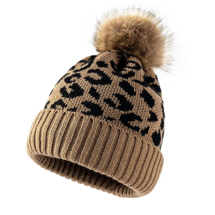 Leopardenmuster Strickmütze – Wollmütze mit Umschlagkante & Bommel | Dicke Herbst & Winter Beanie für Damen & Herren Beschreibung: Kaufschwan® Braun Einheitsgröße
