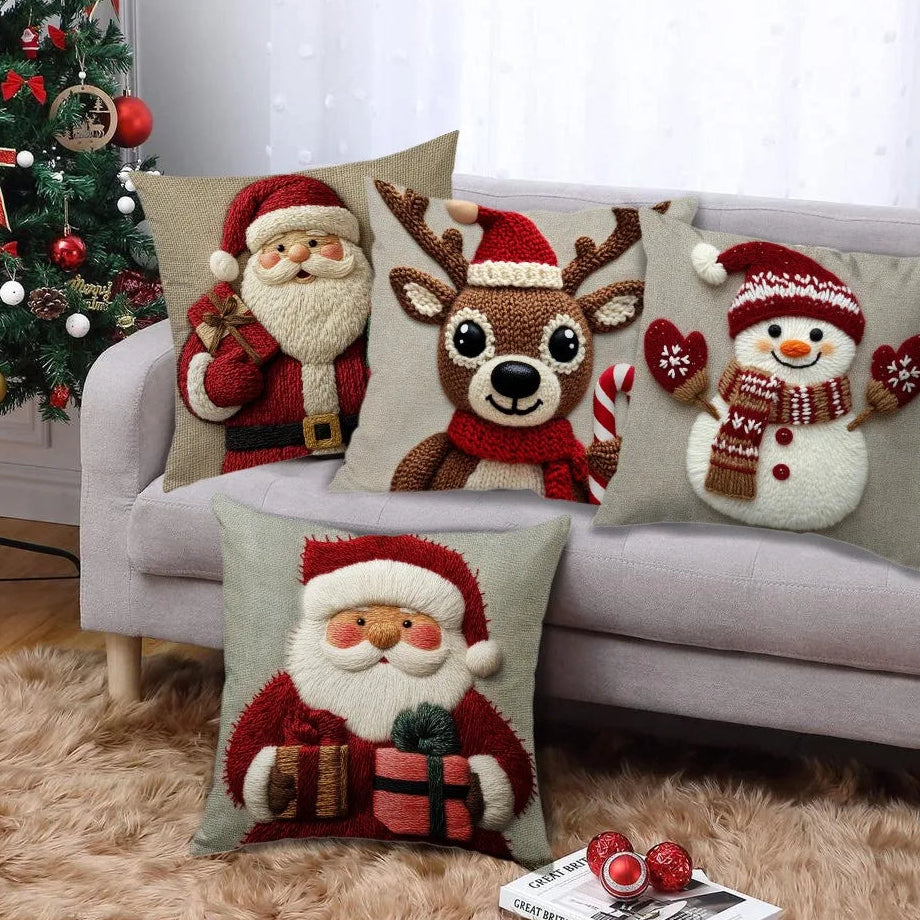45x45cm Weihnachts Kissenbezug – Cartoon Santa, Schneemann & Rentier