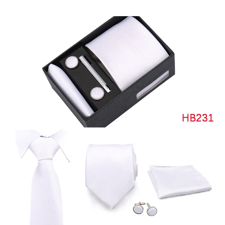 Herren Jacquard-Krawatten-Set 8 cm – Elegante Krawatte mit Einstecktuch, Manschettenknöpfen & Krawattenklammer | Luxus-Geschenkbox für Hochzeit & Business