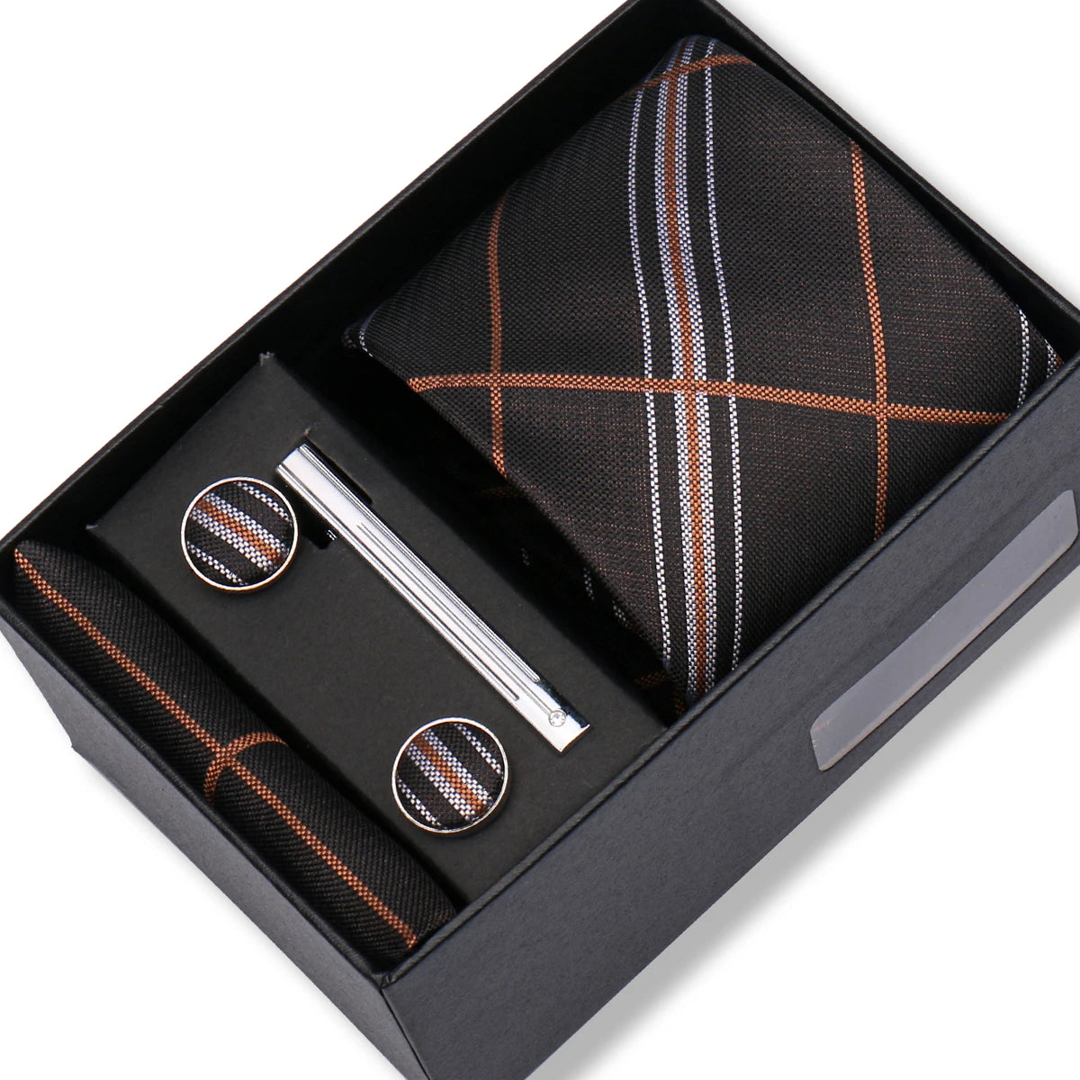Herren Jacquard-Krawatten-Set 8 cm – Elegante Krawatte mit Einstecktuch, Manschettenknöpfen & Krawattenklammer | Luxus-Geschenkbox für Hochzeit & Business