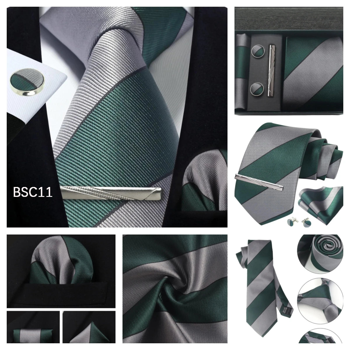 Herren Krawatten-Set aus 100% Seide – 8 cm Krawatte mit Einstecktuch & Manschettenknöpfen | Klassisches Geschenkset für Business & Hochzeit Kaufschwan®