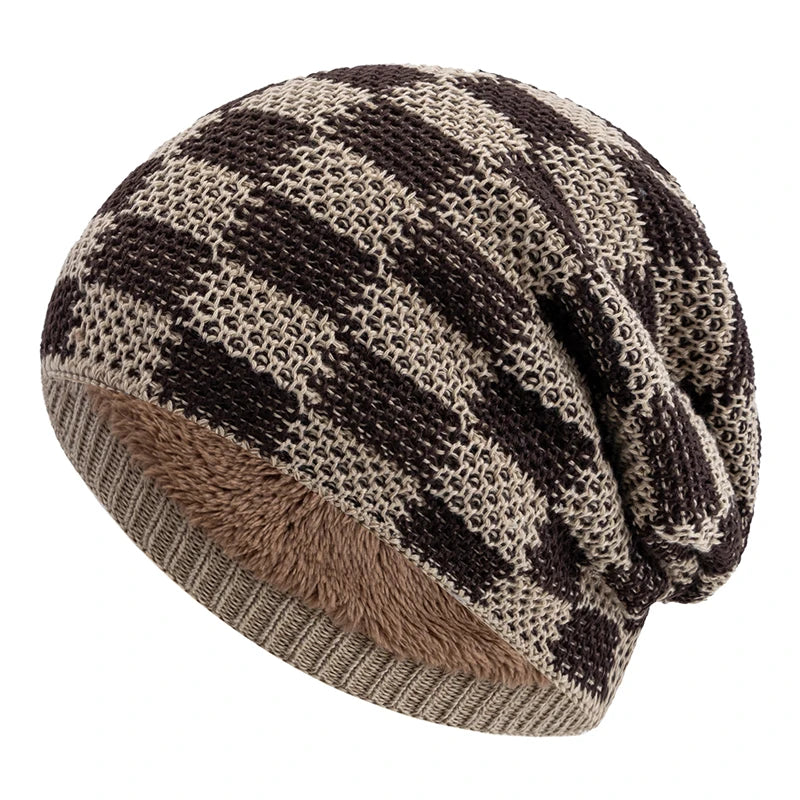 Unisex Slouchy Winter Beanie Mütze – Zweifarbige Grid-Strickmütze für Damen & Herren | Warme Oversize Mütze für Ski & Alltag Kaufschwan® Beige 56cm-60cm