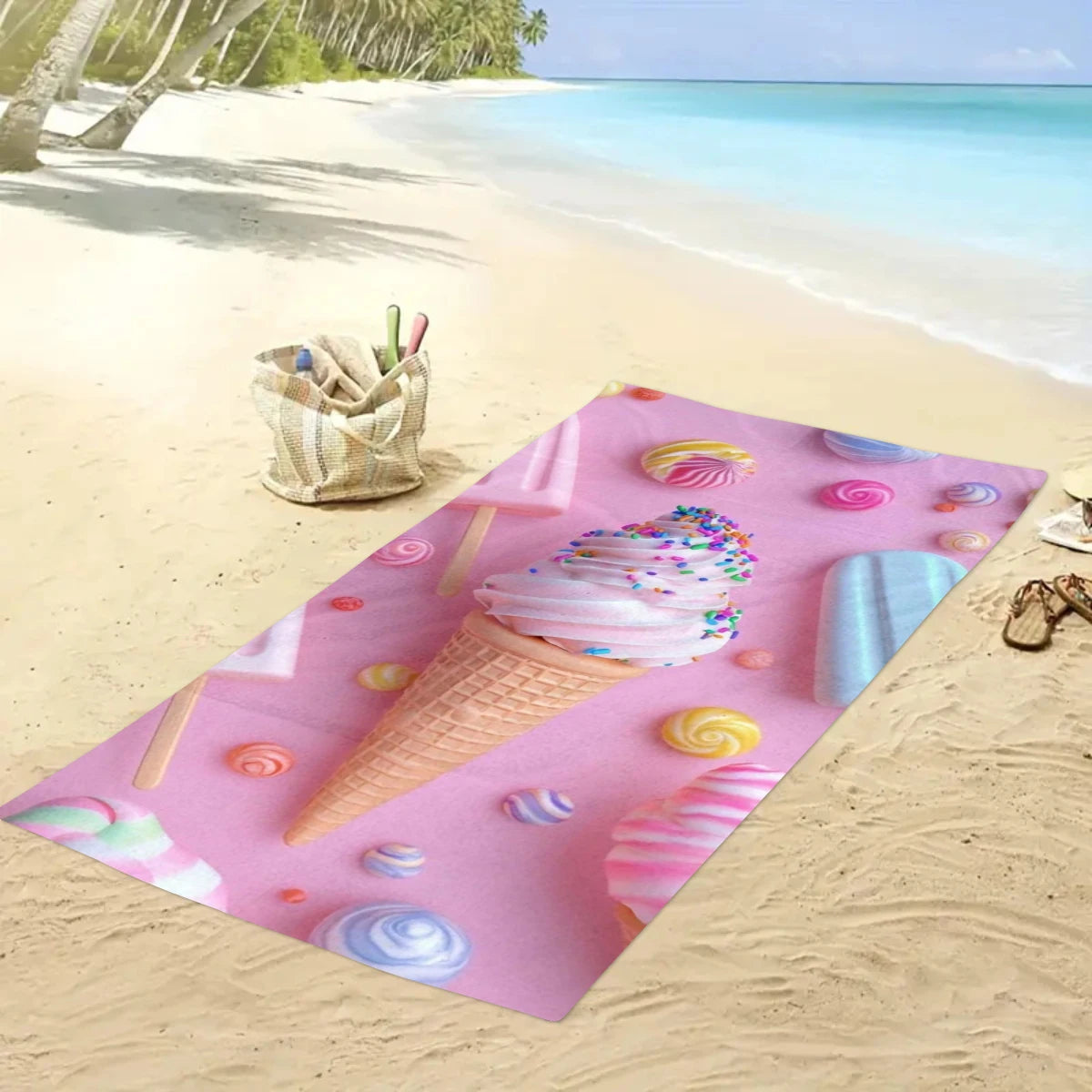 Strandtuch mit Eiscreme-Motiv – Schnell Trocknendes & Saugfähiges Mikrofaser Handtuch | Lustiges Sommer Handtuch für Reisen, Sport & Yoga
