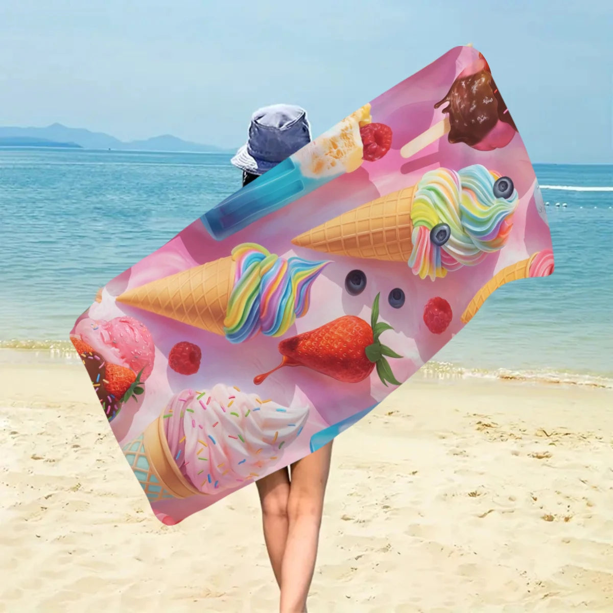 Strandtuch mit Eiscreme-Motiv – Schnell Trocknendes & Saugfähiges Mikrofaser Handtuch | Lustiges Sommer Handtuch für Reisen, Sport & Yoga