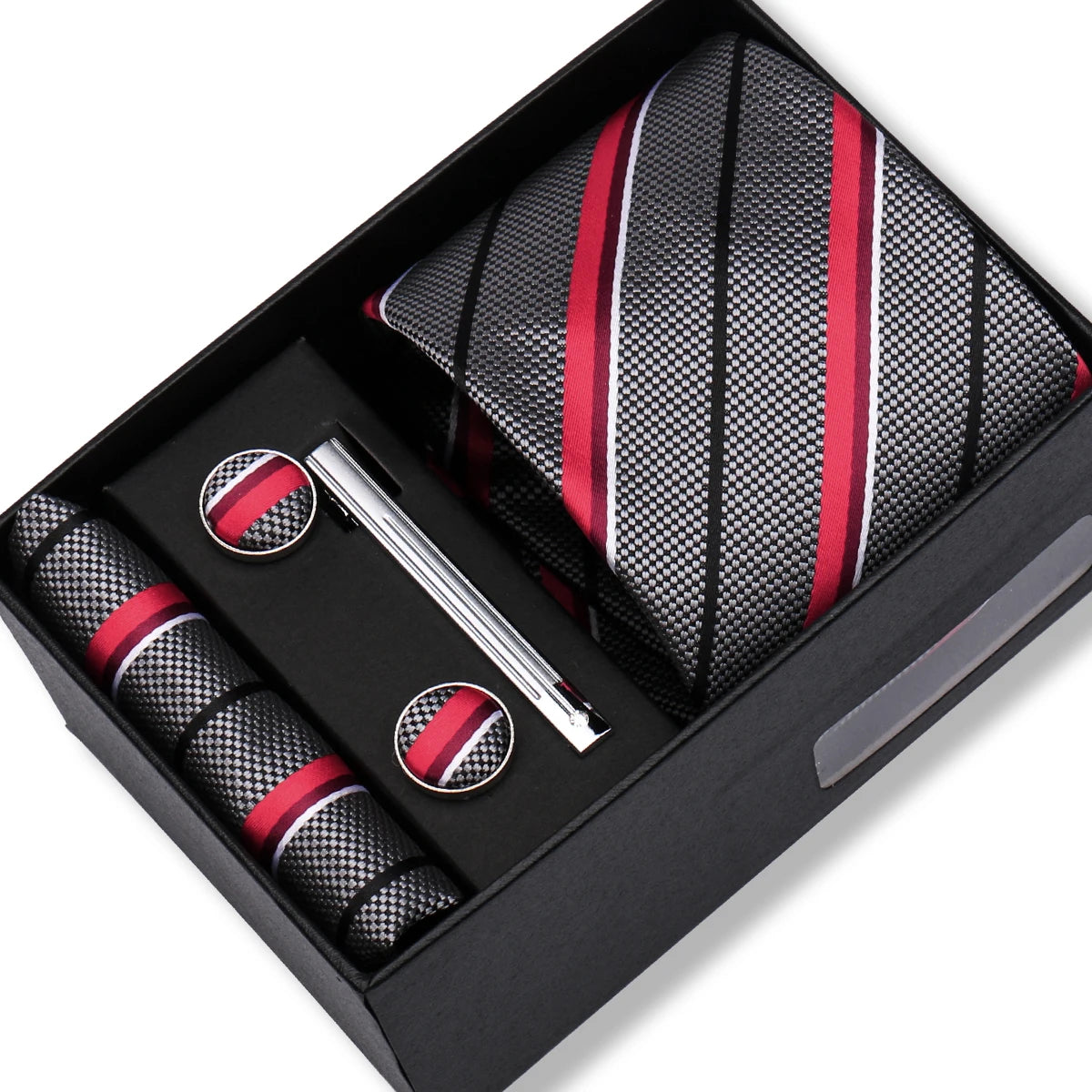 Herren Jacquard-Krawatten-Set 8 cm – Elegante Krawatte mit Einstecktuch, Manschettenknöpfen & Krawattenklammer | Luxus-Geschenkbox für Hochzeit & Business