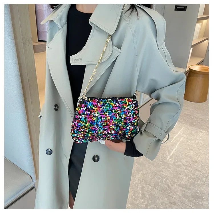 Pailletten Crossbody Kettentasche – Einfarbige Schultertasche, Underarm Bag & Abend Clutch Handtasche für Damen Kaufschwan®