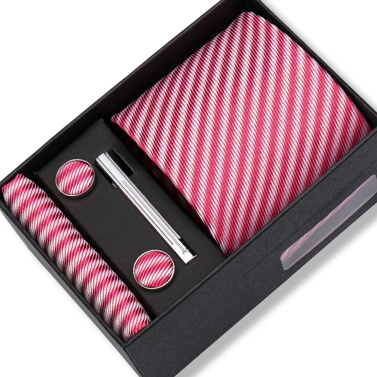 Herren Jacquard-Krawatten-Set 8 cm – Elegante Krawatte mit Einstecktuch, Manschettenknöpfen & Krawattenklammer | Luxus-Geschenkbox für Hochzeit & Business