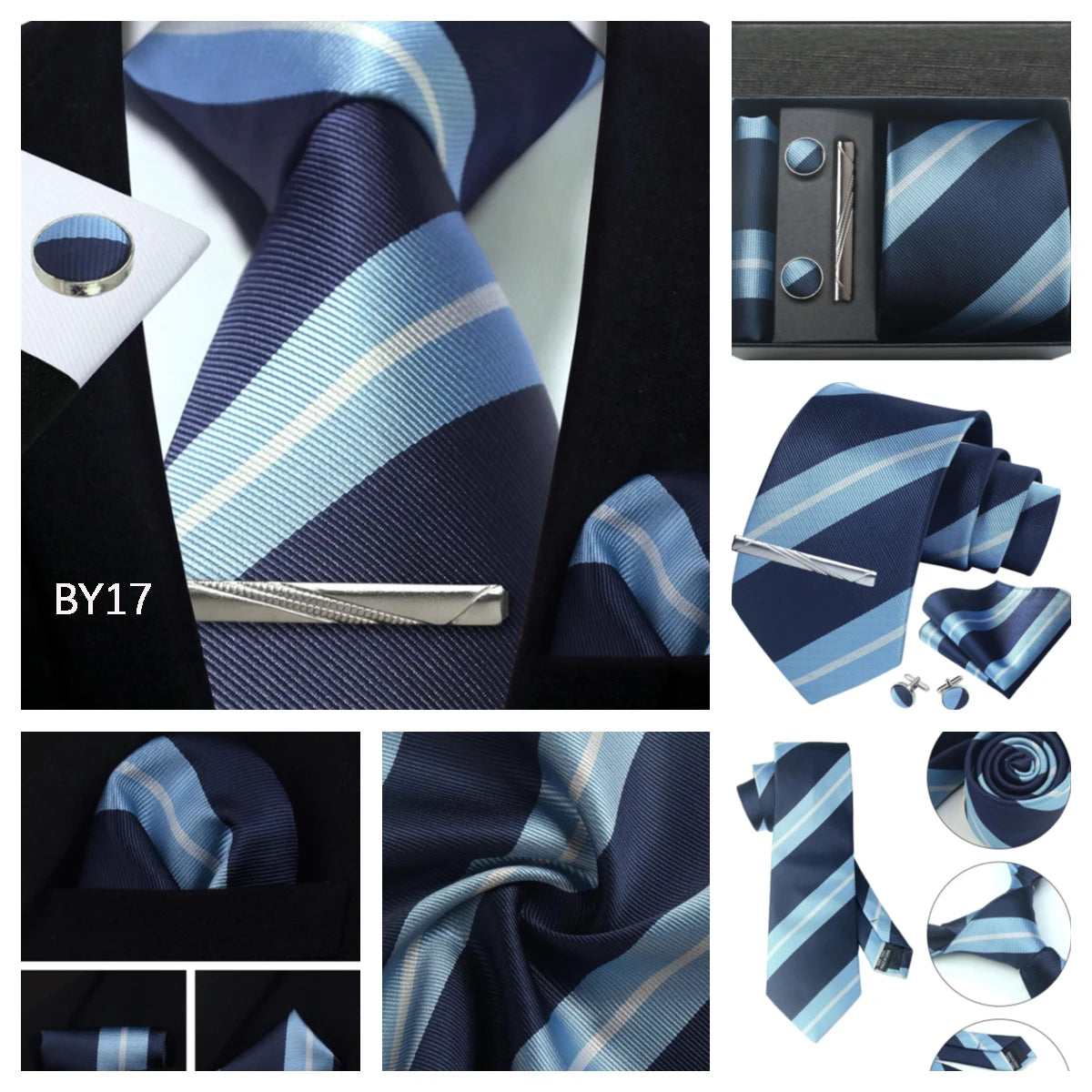 Herren Krawatten-Set aus 100% Seide – 8 cm Krawatte mit Einstecktuch & Manschettenknöpfen | Klassisches Geschenkset für Business & Hochzeit