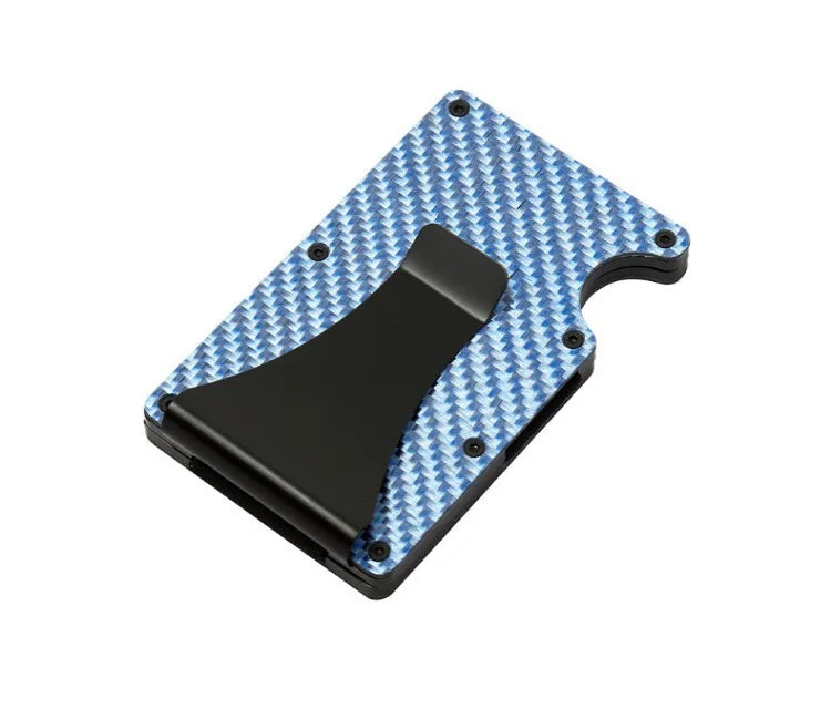Minimalistische Geldbörse für Herren – RFID Aluminium Metall Wallet mit Geldklammer & Geldband (Carbonfaser Kartenhalter) Kaufschwan® Blau