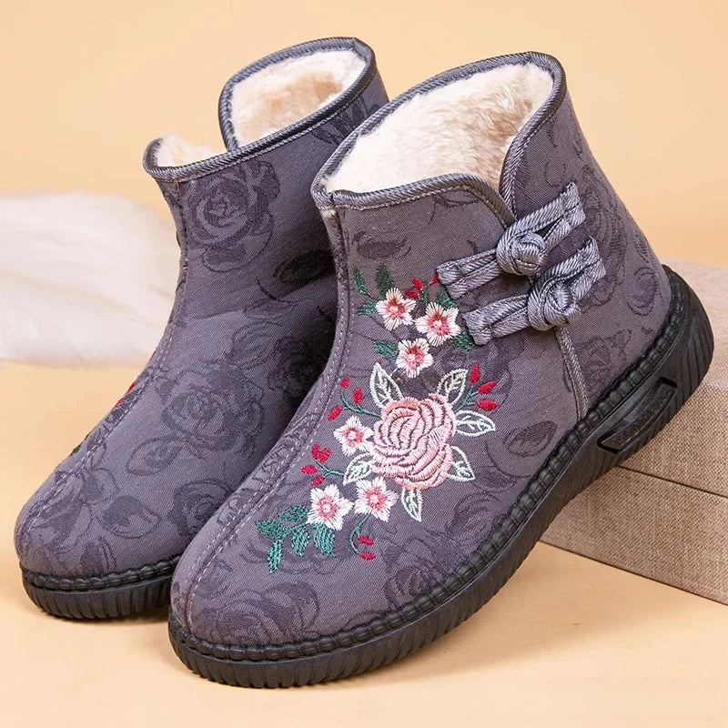 Damen Bestickte Schneestiefel – Mittelhohe Baumwollstiefel mit Kunstfell Fleece Futter | Warme Winter Schuhe für Mütter