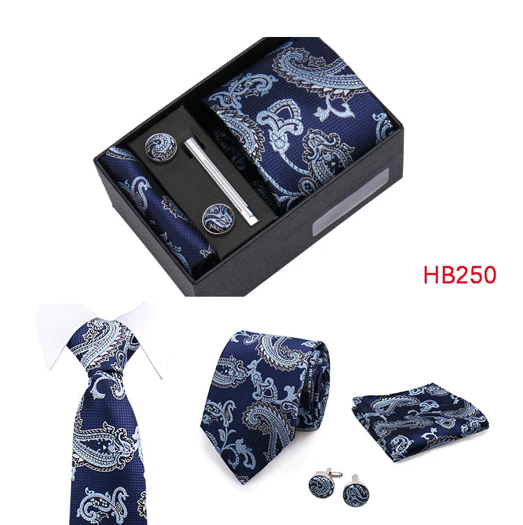 Herren Jacquard-Krawatten-Set 8 cm – Elegante Krawatte mit Einstecktuch, Manschettenknöpfen & Krawattenklammer | Luxus-Geschenkbox für Hochzeit & Business
