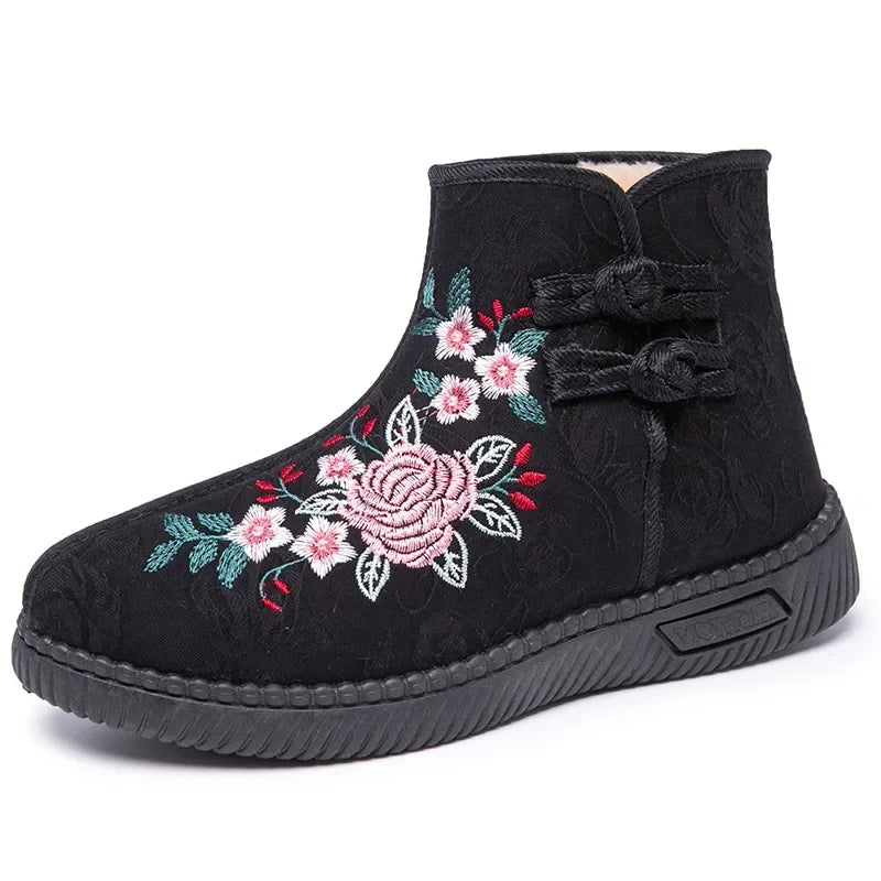 Damen Bestickte Schneestiefel – Mittelhohe Baumwollstiefel mit Kunstfell Fleece Futter | Warme Winter Schuhe für Mütter