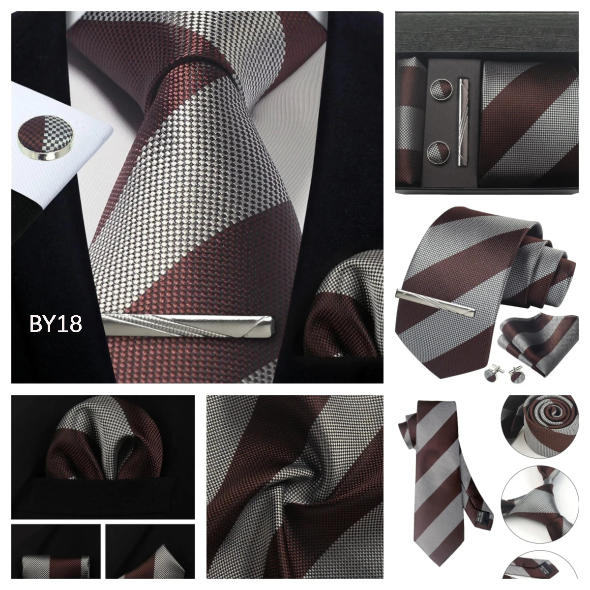 Herren Krawatten-Set aus 100% Seide – 8 cm Krawatte mit Einstecktuch & Manschettenknöpfen | Klassisches Geschenkset für Business & Hochzeit