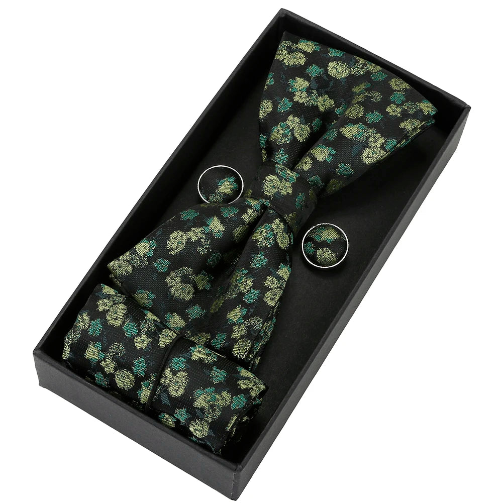 Herren Fliegen-Set mit Blumen-Paisley-Muster – 3-teiliges Geschenkset mit Fliege, Einstecktuch & Manschettenknöpfen | Elegantes Accessoire für Hochzeit & Business Kaufschwan® Olivgrün mit goldenem Glanz