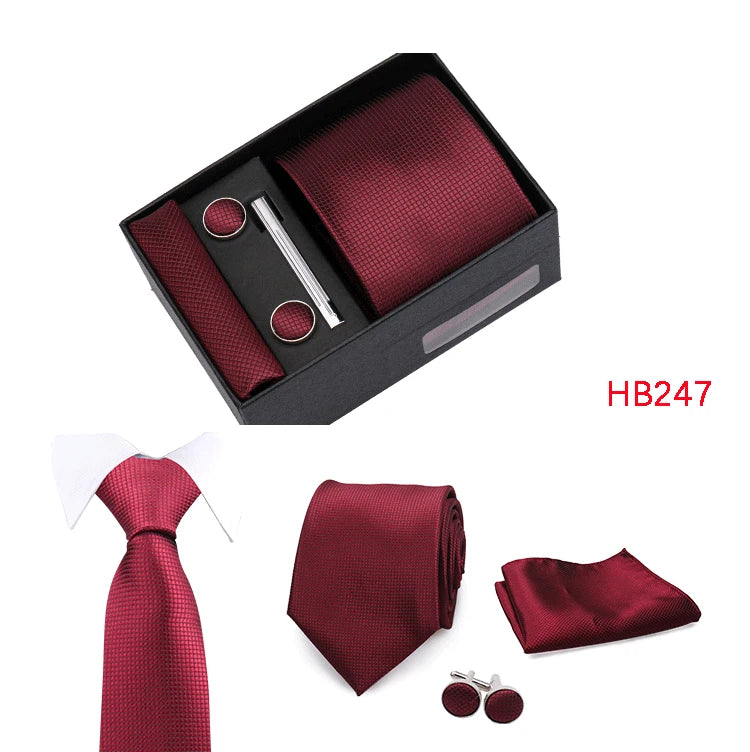 Herren Jacquard-Krawatten-Set 8 cm – Elegante Krawatte mit Einstecktuch, Manschettenknöpfen & Krawattenklammer | Luxus-Geschenkbox für Hochzeit & Business