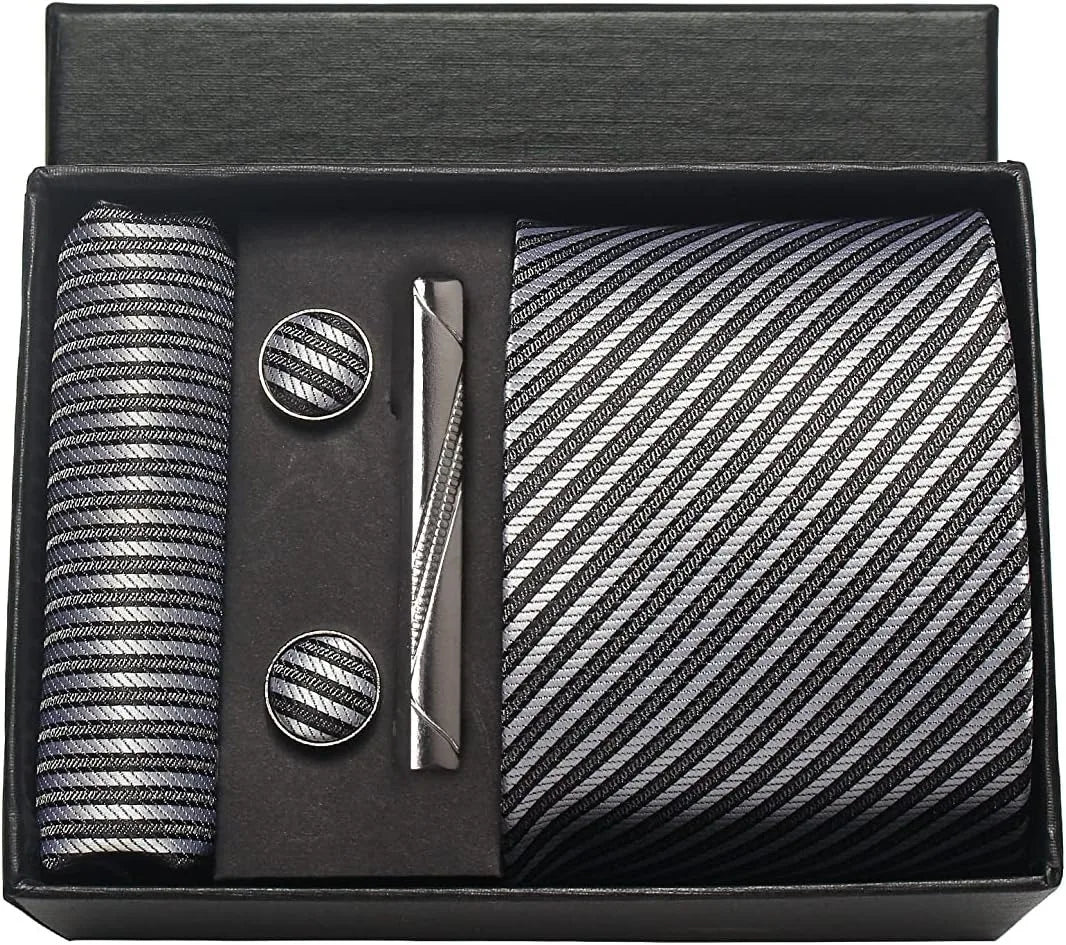 Herren Krawatten-Set aus 100% Seide – 8 cm Krawatte mit Einstecktuch & Manschettenknöpfen | Klassisches Geschenkset für Business & Hochzeit