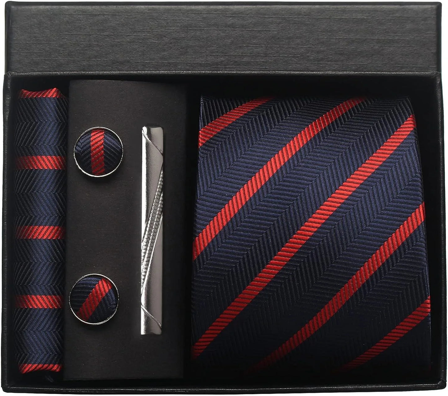 Herren Krawatten-Set aus 100% Seide – 8 cm Krawatte mit Einstecktuch & Manschettenknöpfen | Klassisches Geschenkset für Business & Hochzeit