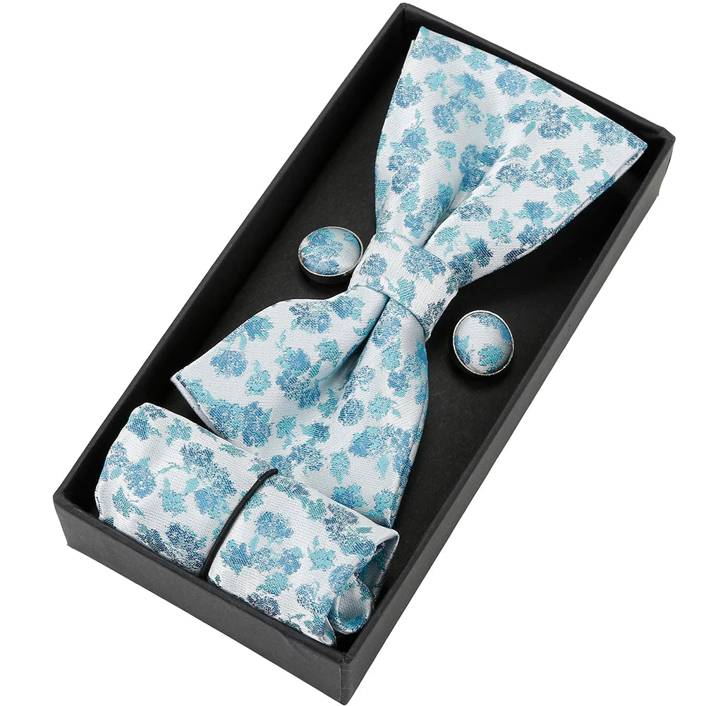 Herren Fliegen-Set mit Blumen-Paisley-Muster – 3-teiliges Geschenkset mit Fliege, Einstecktuch & Manschettenknöpfen | Elegantes Accessoire für Hochzeit & Business Kaufschwan® Hellblau mit silbernem Glanz