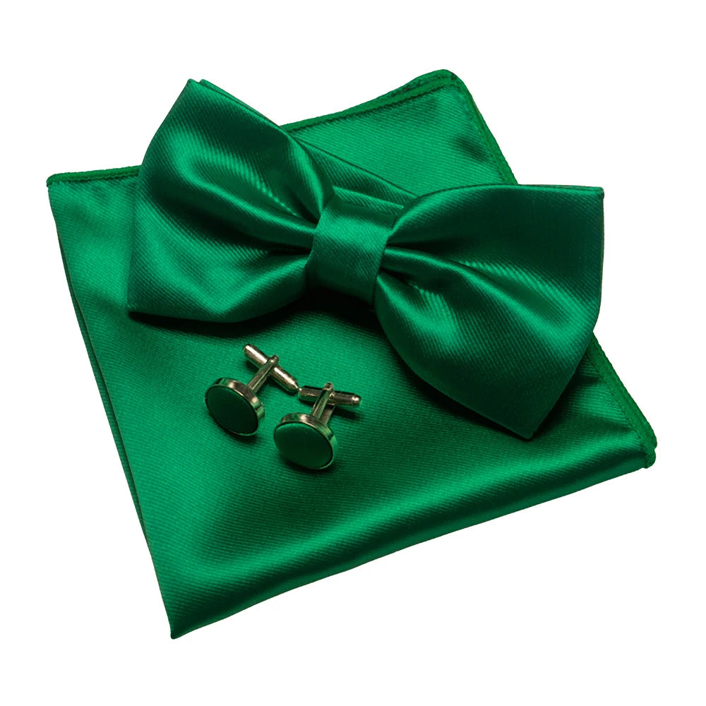 Herren Satin-Fliegen-Set – Elegante Fliege mit Manschettenknöpfen & Einstecktuch | Glänzendes Accessoire für Business & Hochzeit Kaufschwan® Smaragdgrün