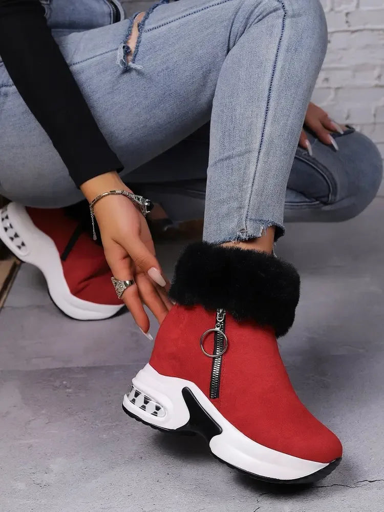 Damen Plateau Schneestiefel – Dicksohlige Winter Stiefeletten aus Kunst-Wildleder | Rutschfeste Knöchelstiefel mit Kunstfellfutter Größe 43