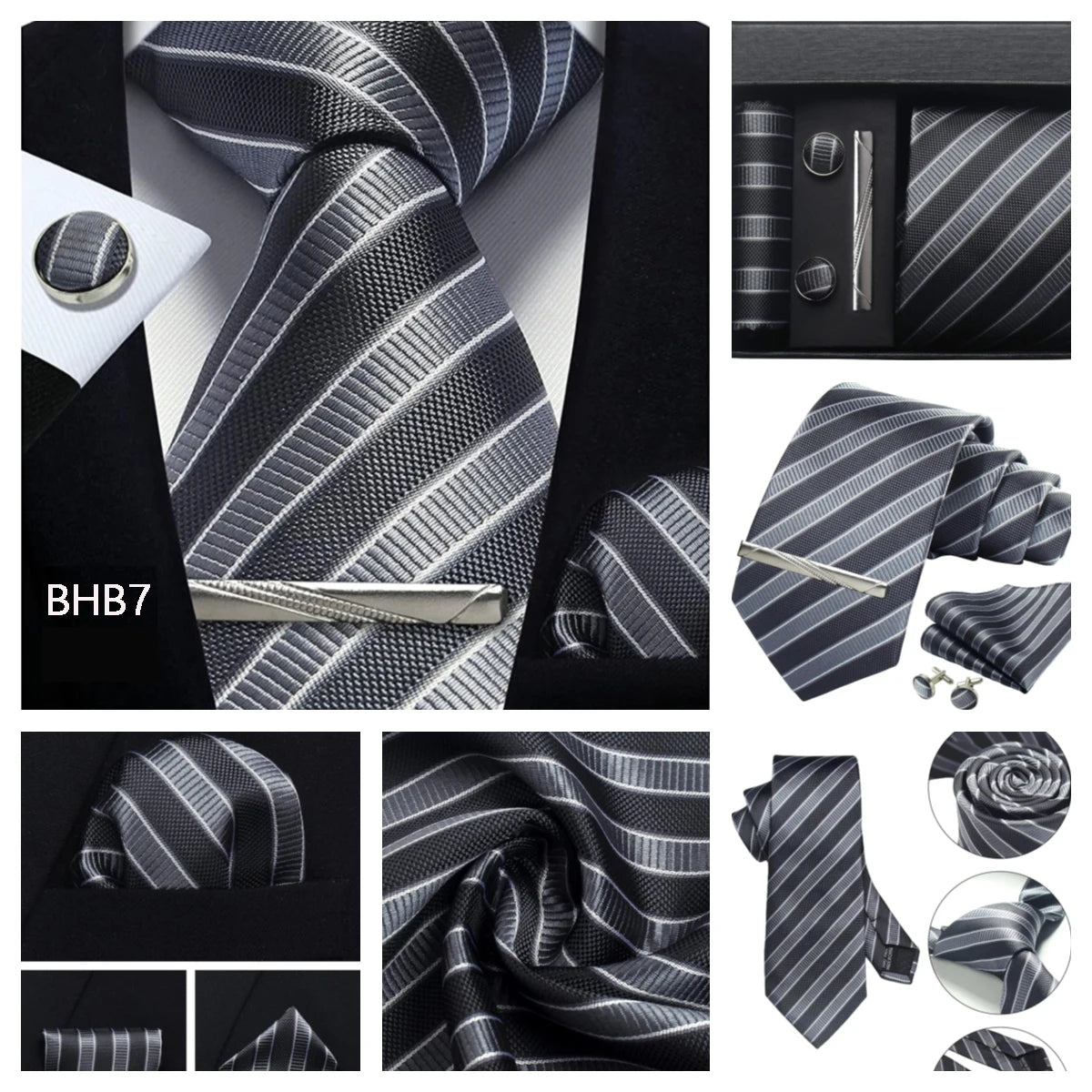 Herren Krawatten-Set aus 100% Seide – 8 cm Krawatte mit Einstecktuch & Manschettenknöpfen | Klassisches Geschenkset für Business & Hochzeit Kaufschwan®