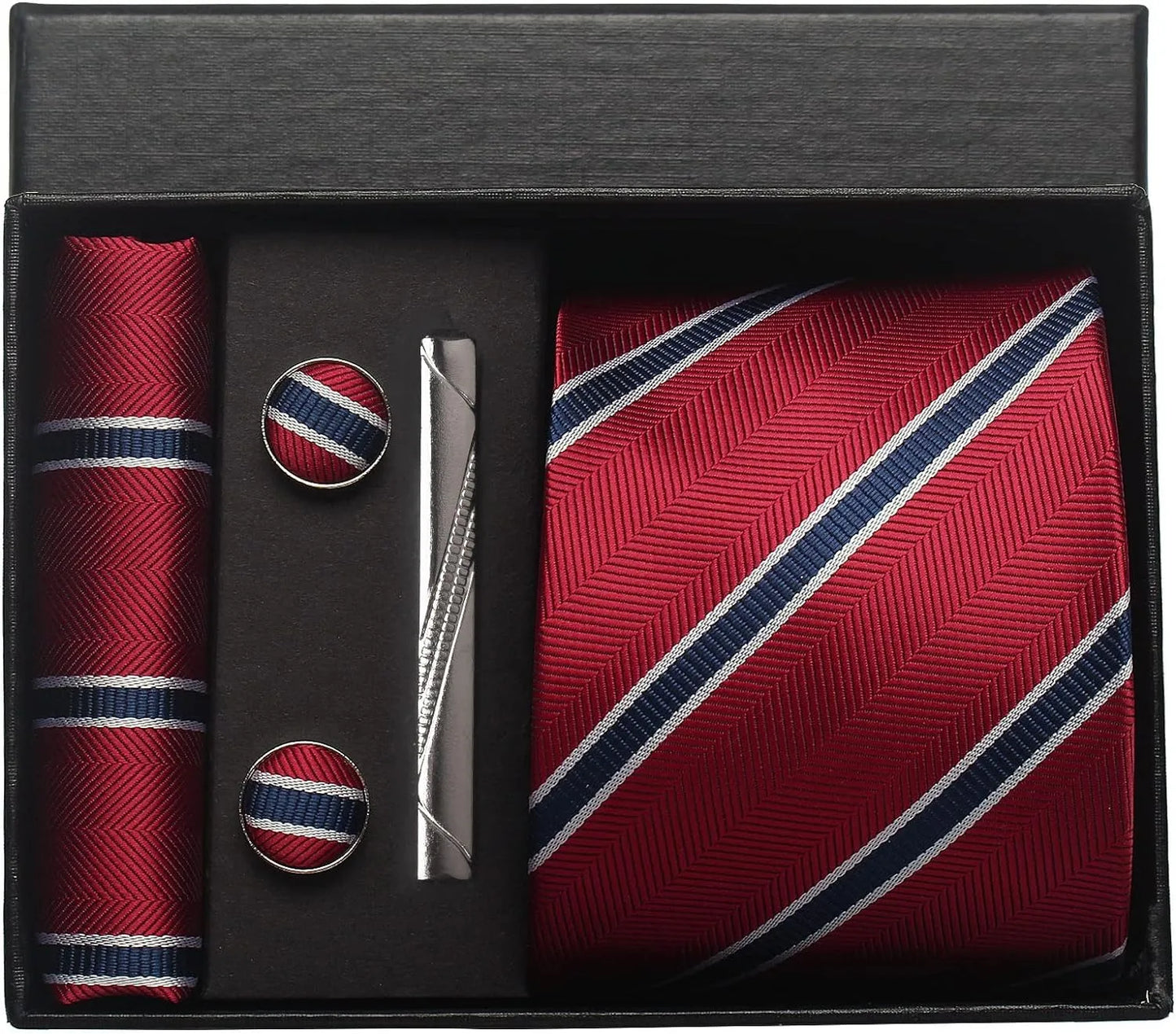 Herren Krawatten-Set aus 100% Seide – 8 cm Krawatte mit Einstecktuch & Manschettenknöpfen | Klassisches Geschenkset für Business & Hochzeit