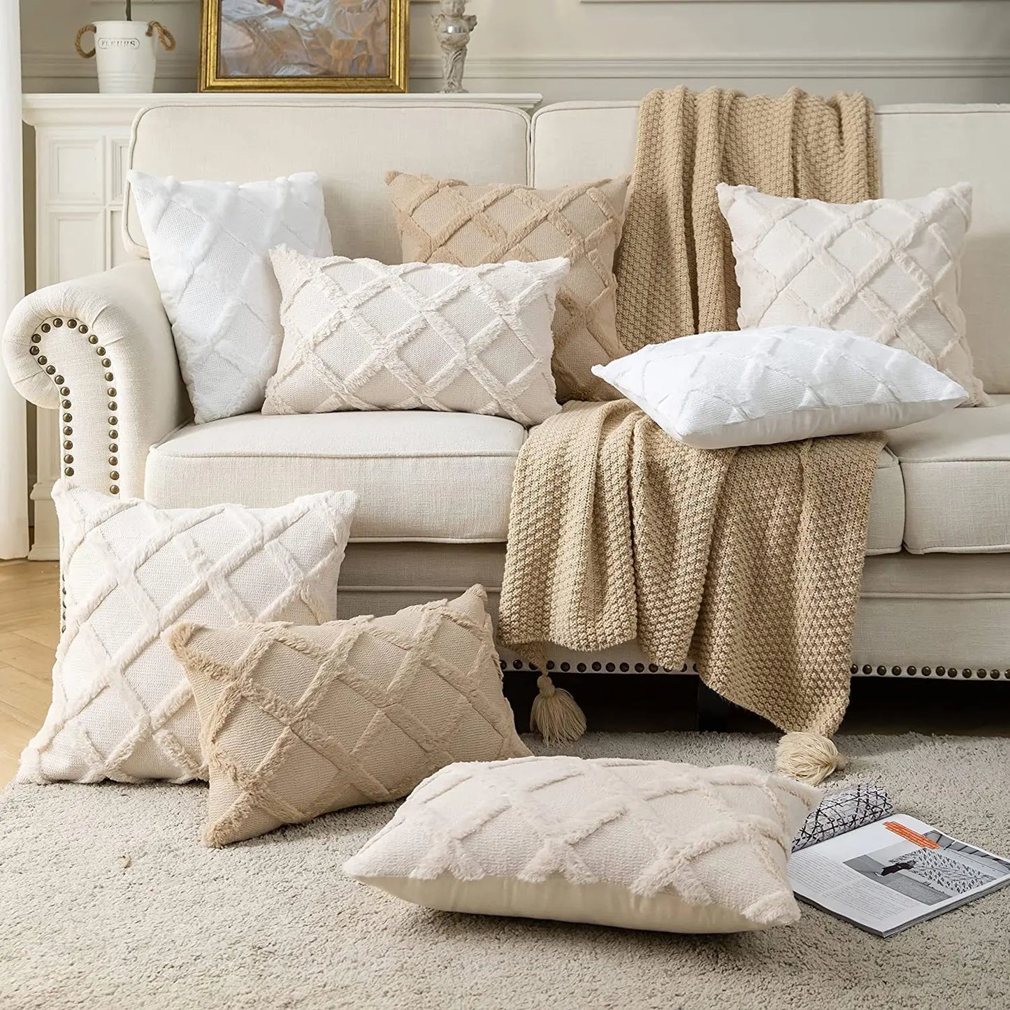 Weiche Plüsch-Wollkissenbezüge | Luxus Stil Kissenhüllen | Europäische Dekoration für Sofa & Schlafzimmer | Creme & Khaki Weihnachten Kaufschwan®