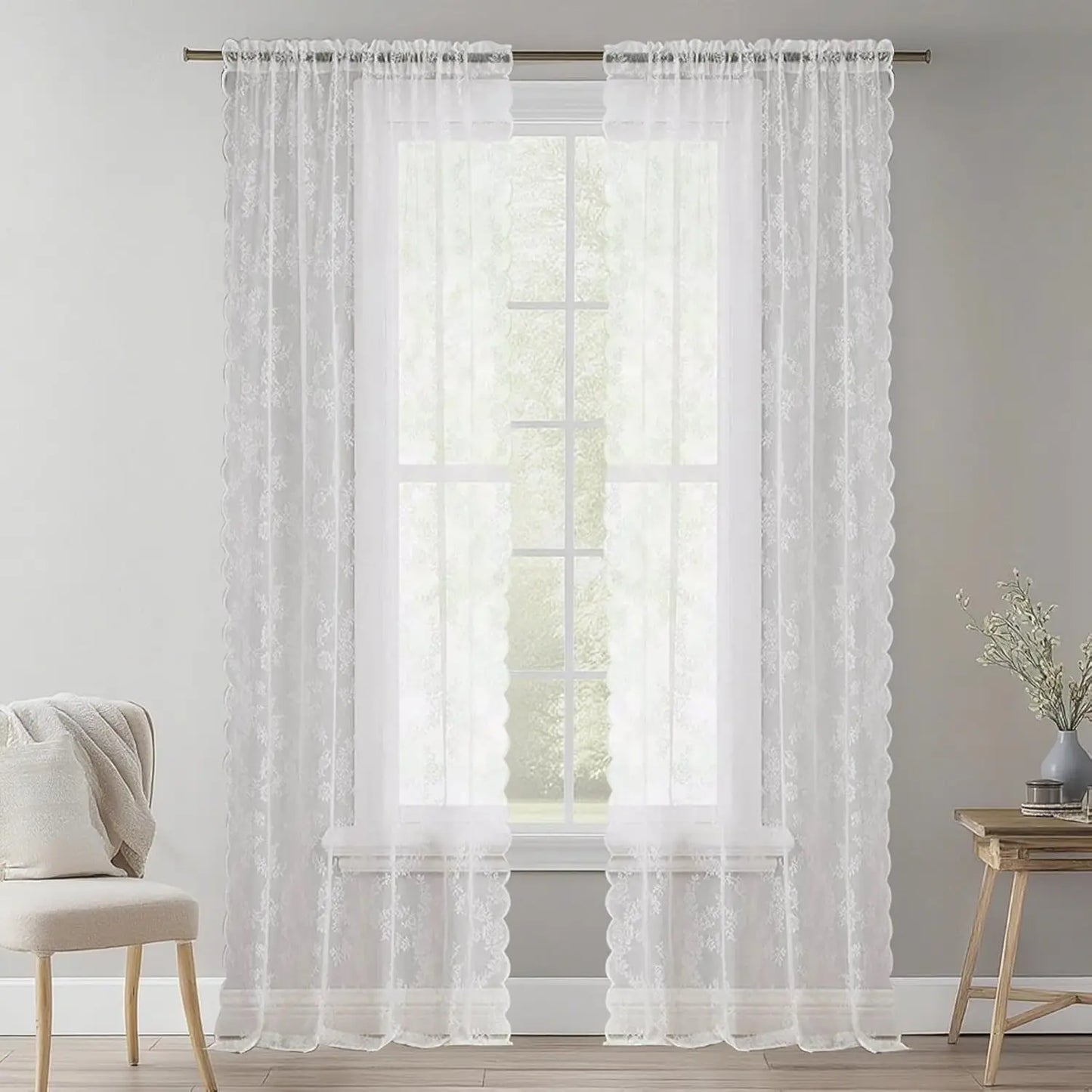 Vintage Spitze Floral Transparenter Vorhang mit Stangentasche Romantische Fenster Gardinen für Wohnzimmer 2 Stück/Set Kaufschwan® Weiß 145x160CM Stangentasche