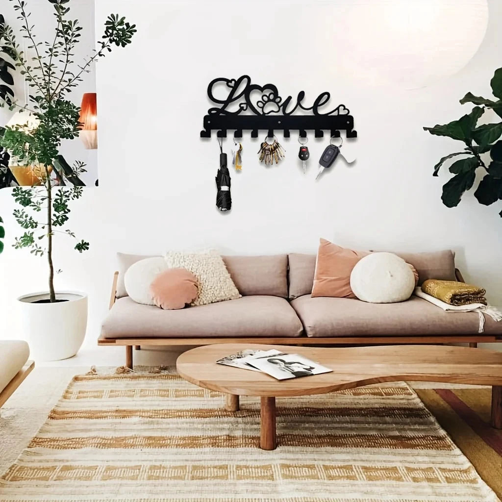 LOVE Metall Schlüsselhalter – Schwarzer Wandhaken aus Eisen mit 10 Haken | Dekorative Organizer-Leiste für Handtücher, Taschen, Kleidung, Caps & Schlüssel