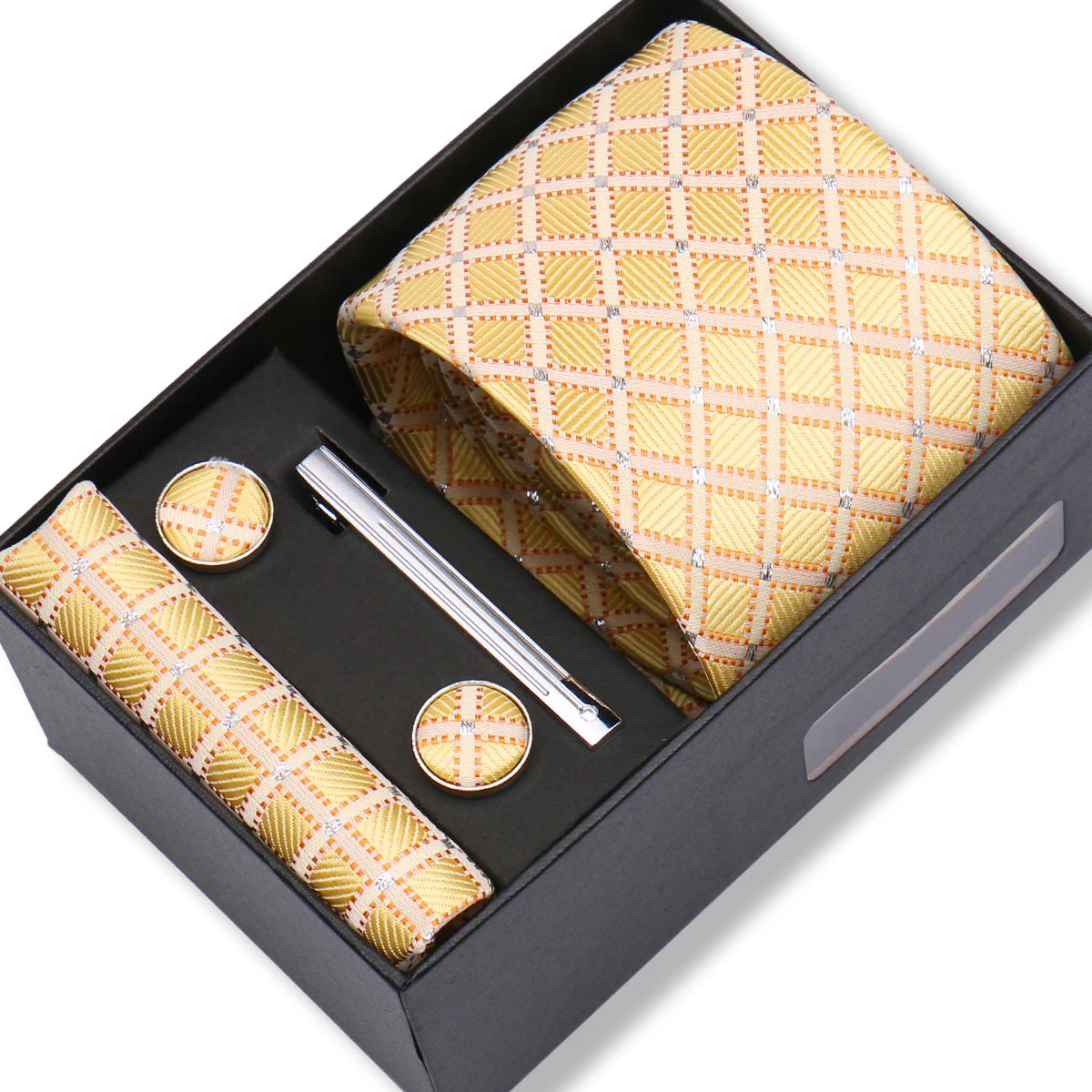 Herren Jacquard-Krawatten-Set 8 cm – Elegante Krawatte mit Einstecktuch, Manschettenknöpfen & Krawattenklammer | Luxus-Geschenkbox für Hochzeit & Business