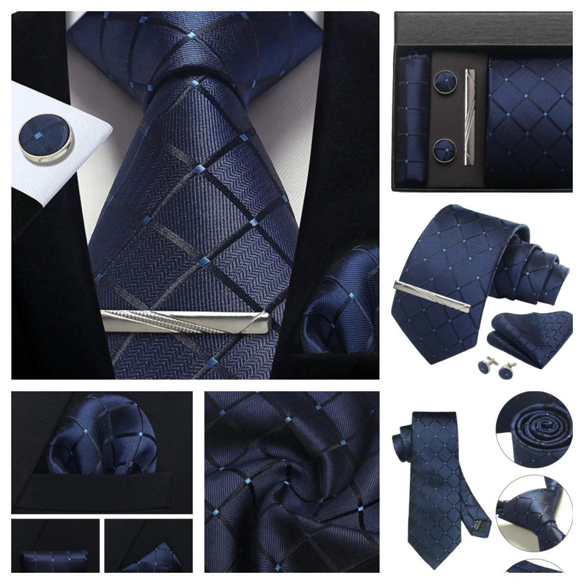 Herren Krawatten-Set aus 100% Seide – 8 cm Krawatte mit Einstecktuch & Manschettenknöpfen | Klassisches Geschenkset für Business & Hochzeit Kaufschwan®