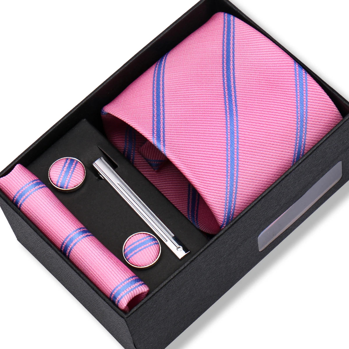 Herren Jacquard-Krawatten-Set 8 cm – Elegante Krawatte mit Einstecktuch, Manschettenknöpfen & Krawattenklammer | Luxus-Geschenkbox für Hochzeit & Business