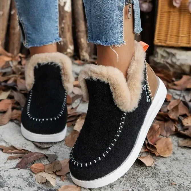 Damen Winterstiefel – Runde Zehenform Schneestiefel mit Kunstfell Futter | Flache Kurzschaft Stiefel mit Warmem Fleece für Damen