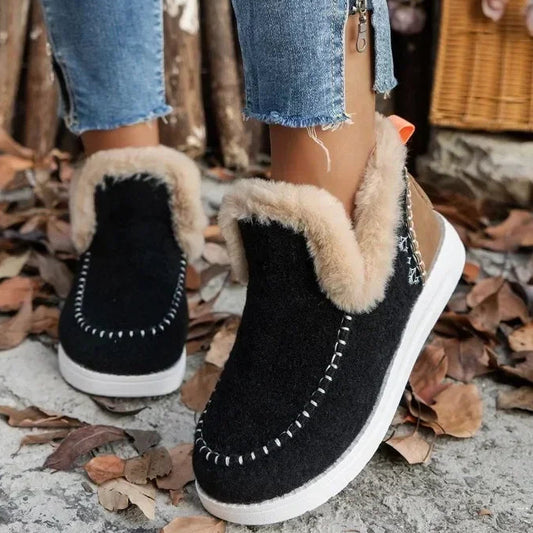 Damen Winterstiefel – Runde Zehenform Schneestiefel mit Kunstfell Futter | Flache Kurzschaft Stiefel mit Warmem Fleece für Damen