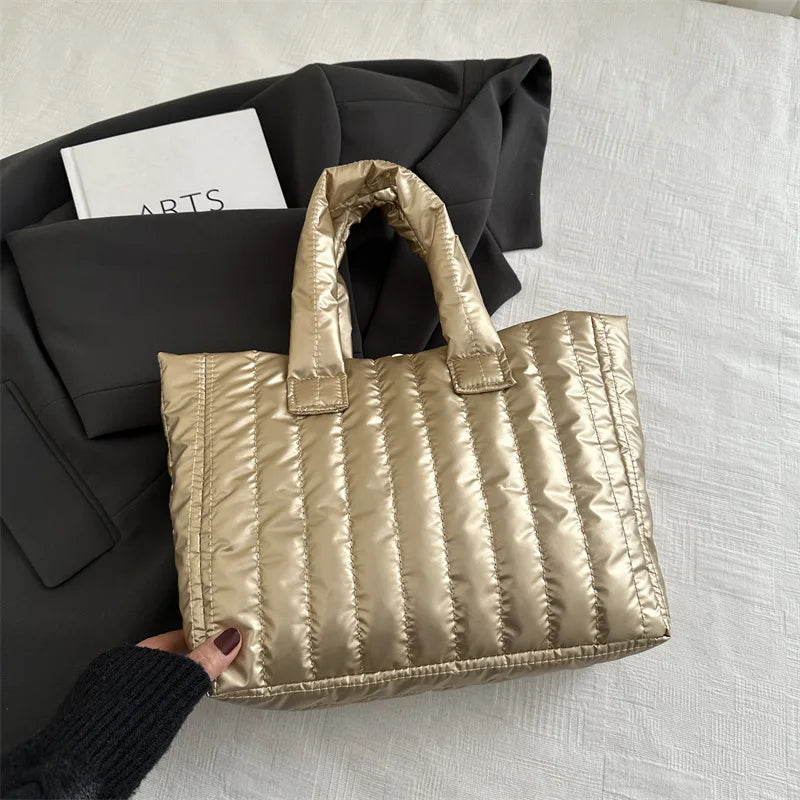Damen Tote Bag mit Großer Kapazität – Gestepptes Nylon mit Baumwollpolsterung | Einfarbige Casual Fashion Schultertasche Kaufschwan® Gold