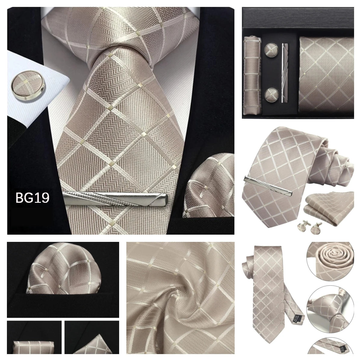Herren Krawatten-Set aus 100% Seide – 8 cm Krawatte mit Einstecktuch & Manschettenknöpfen | Klassisches Geschenkset für Business & Hochzeit Kaufschwan®