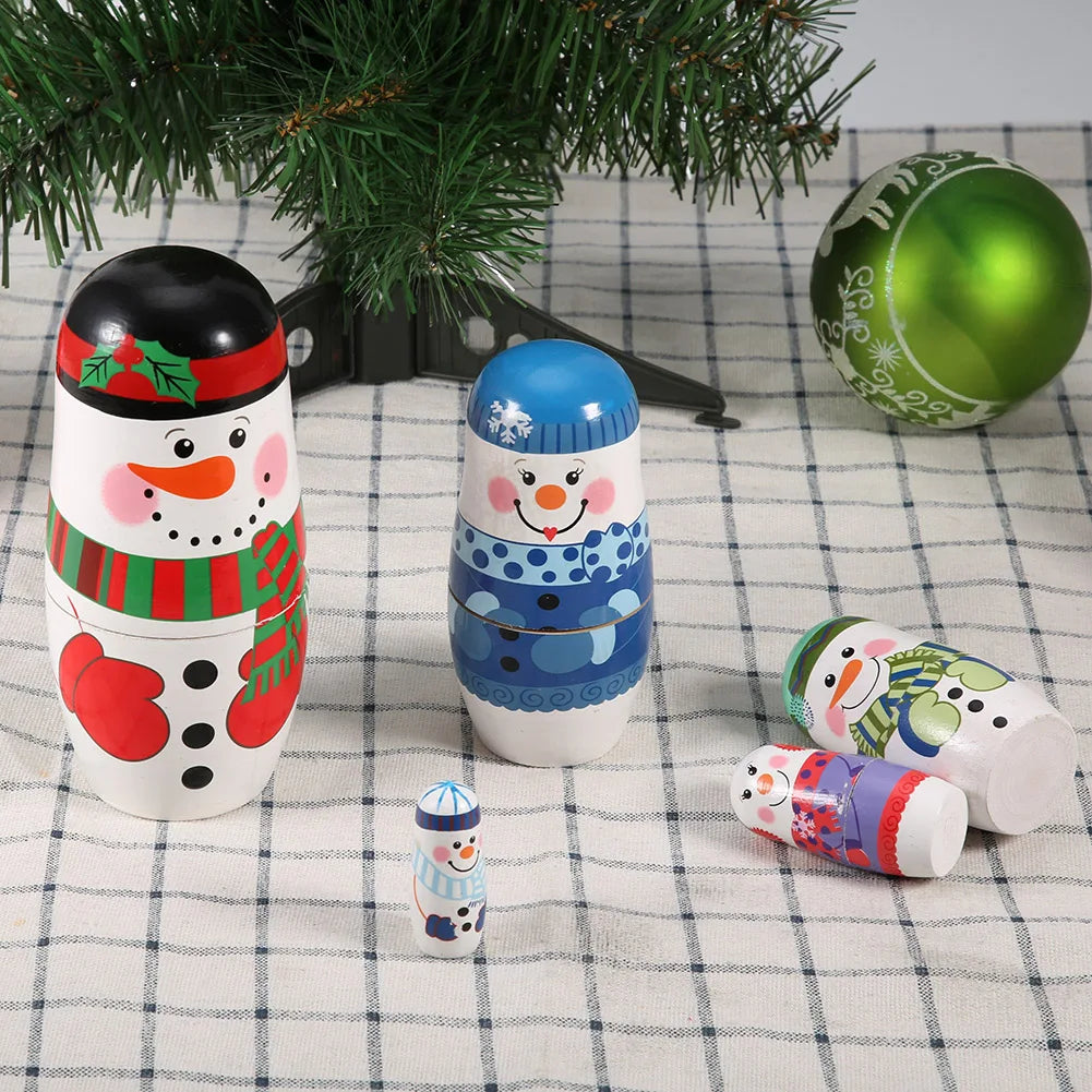 5 Stück Handbemalte Weihnachts-Matrjoschka – Holz-Nestpuppen Set | Niedliche Dekoration & Geschenk für Kinder