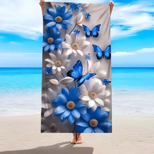 Blau-Weiß Geblümtes Strandtuch – Weiches Mikrofaser-Frottee Handtuch | Schnell Trocknend & Saugfähig für Yoga, Reisen, Fitness & Camping