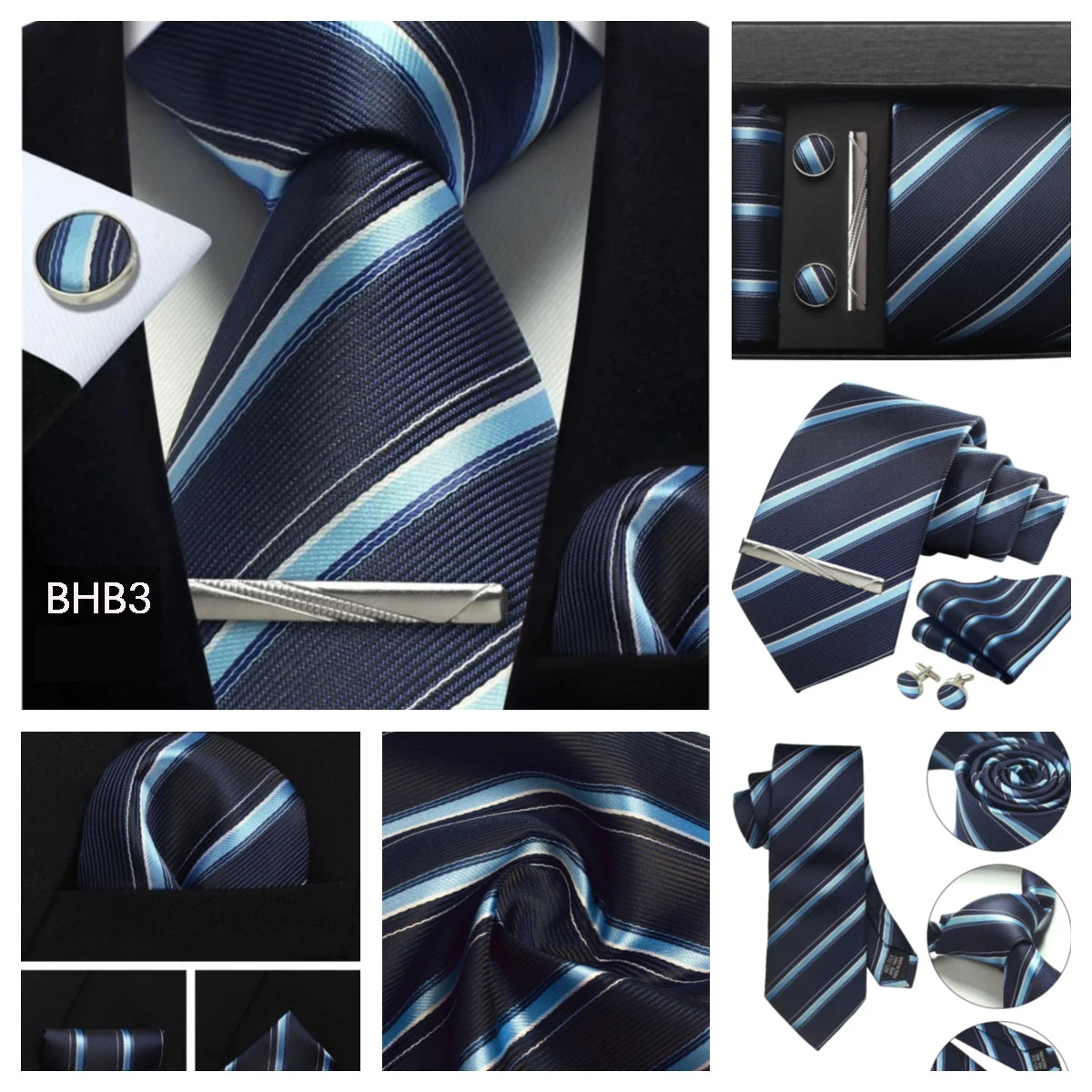Herren Krawatten-Set aus 100% Seide – 8 cm Krawatte mit Einstecktuch & Manschettenknöpfen | Klassisches Geschenkset für Business & Hochzeit Kaufschwan®
