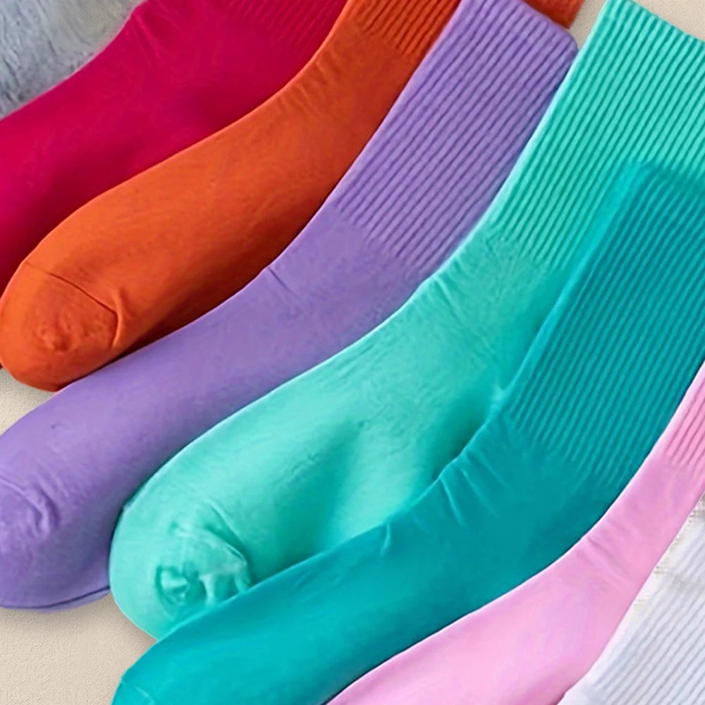 10 Paare Damen Rundhals-Socken | Mehrere Einfarbige Farben | Schlichte, Modische & Vielseitige Mittellange Freizeit-Socken Kaufschwan®