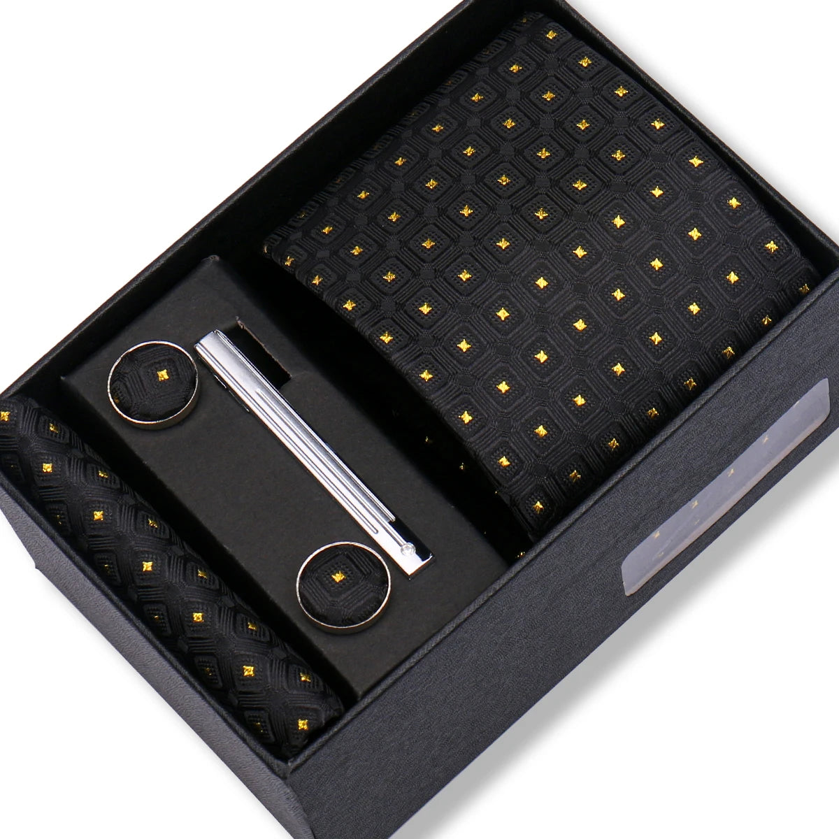 Herren Jacquard-Krawatten-Set 8 cm – Elegante Krawatte mit Einstecktuch, Manschettenknöpfen & Krawattenklammer | Luxus-Geschenkbox für Hochzeit & Business