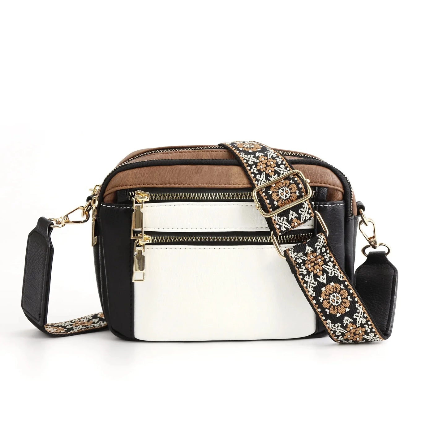 Multifunktionale Color Block Crossbody Tasche – Damen PU Leder Schultertasche & Geldbörse mit Verstellbarem Riemen Kaufschwan® Weiß Schwarz Braun