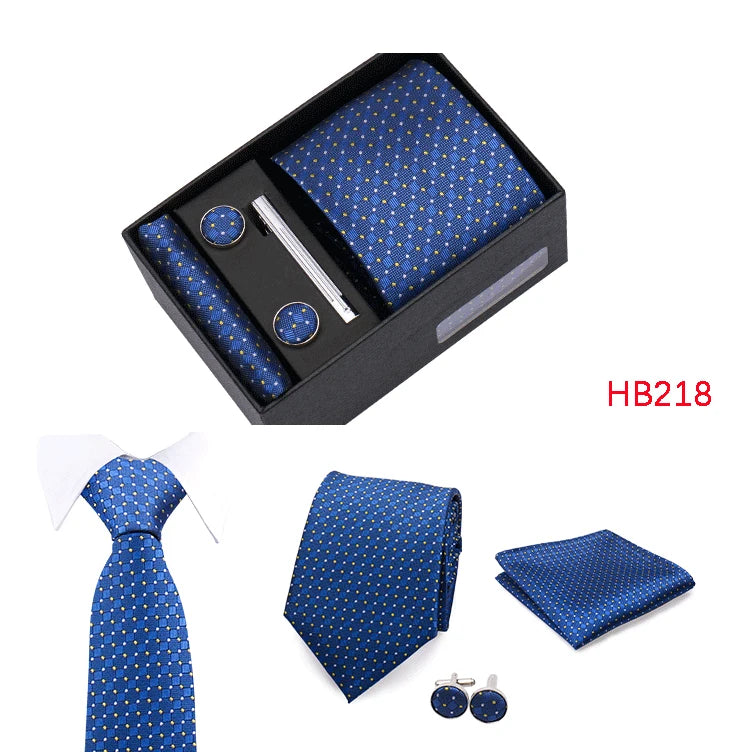 Herren Jacquard-Krawatten-Set 8 cm – Elegante Krawatte mit Einstecktuch, Manschettenknöpfen & Krawattenklammer | Luxus-Geschenkbox für Hochzeit & Business Kaufschwan®