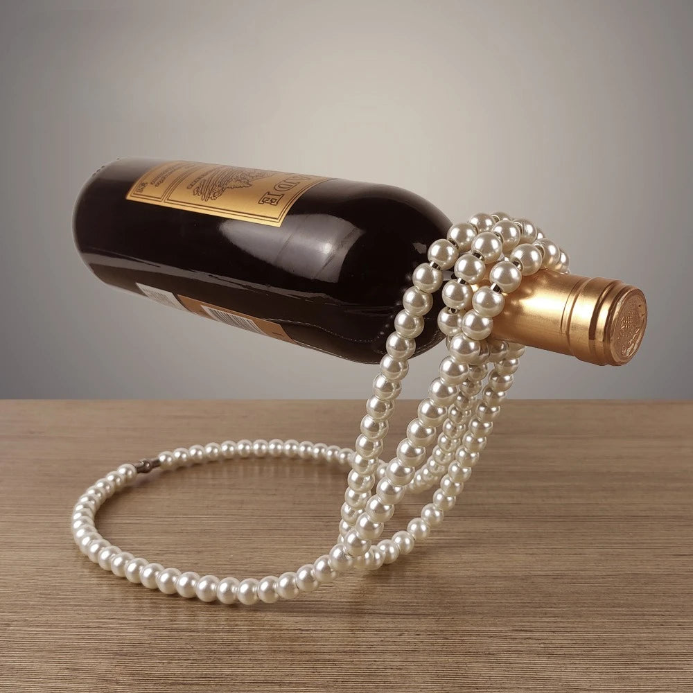 Metall Weinflaschenhalter – Kreatives Schwebendes Design mit Perlenkette | Eleganter Flaschenständer für Rotwein & Deko